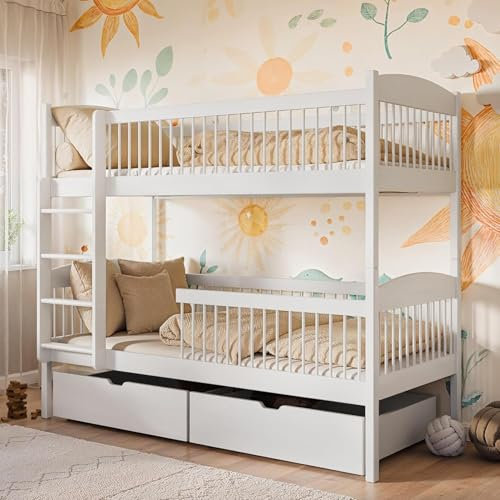 Kids Collective Hochbett Kinder, Etagenbett, Kinderbett | Massives Kiefernholz, 2 Schubladen, sicher & funktional | Größen: 80x180, 90x190, 90x200 cm | 90x190 cm von 4. bis 18. Lebensjahr | Weiß