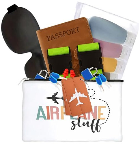 Accessoires d'avion - Cadeaux de voyage avec bouteilles de voyage pour articles de toilette, porte-passeport, étiquettes de voyage pour bagages et sangles réglables, cadenas pour valise avec clés