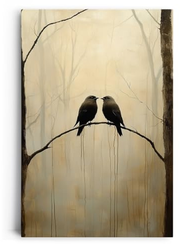 Paul Sinus 40x60cm Wandbild Stille Verbindung – Zwei dunkle Vögel auf Ast im Nebelwald als Symbol für Nähe, Vertrauen und Tiefe
