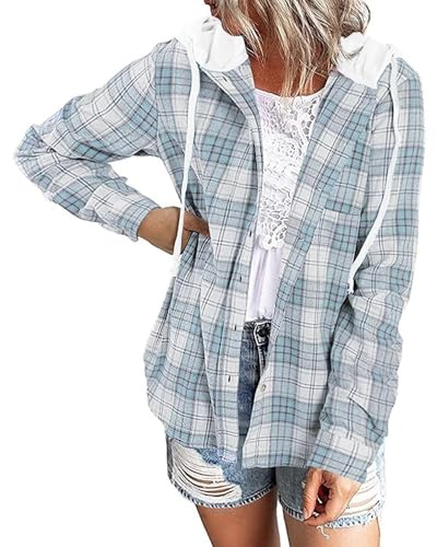 LACOZY - Camicie da donna in flanella a quadri, con cappuccio, a maniche lunghe, oversize, a quadri buffalo, felpa con bottoni, giacca in pile, Azzurro, M