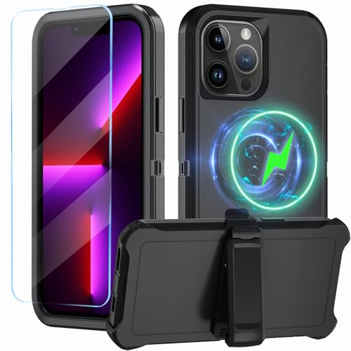 CONWOE Magnetic for iPhone 13 Pro Max Case,with Belt Clip,[Compatible with Magsafe] W/Tempered Glass Screen Protector,Anti-Drop,Shockproof,Heavy Duty Protection (Black)