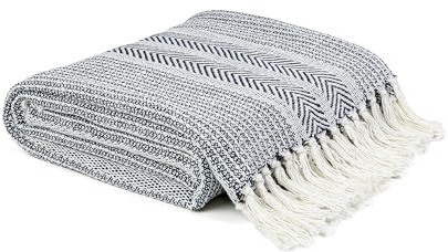 EHC Pre-Washed Throw Blanket, Handwoven Cotton Throws for Sofas Bed Cover Sofa Settee Couch Reversible, Single 127 x 152 cm, Black