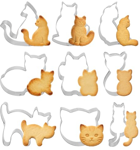 9 Stück Ausstechformen Katze, Edelstahl Kätzchen Plätzchen Ausstecher, Katzen Keksausstecher, Spülmaschinengeeignet, DIY Tierform Keksausstecher, Ausstechformen Kinder für Plätzchen, Kuchen & Deko