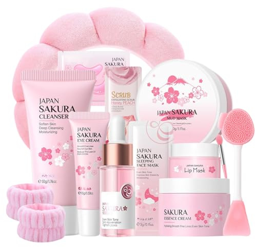 Hauttäglich Hautpflege Set für Teenager-Sakura Gesichtspflege Set 13-teilig-Beauty Set mit Reiniger, Serum, Augencreme, Gesichtscreme, Lippenmasse-Geschenke für Mama Geschenk-Mother's Day Gift