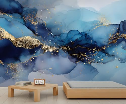 YEMYOR Blue Mural Wallpaper Blue Gold Marble Wallpaper for Living Room Bedroom Luxury Marble Wall Mural for Kitchen Restaurant Office-150x105cm
