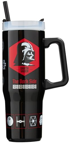 Get Trend Star Wars Thermobecher 920ml, Edelstahl Trinkflasche mit Strohhalm und Henkel, 42H Eis 12H Kalt und 8H Heiß, BPA Frei, Geschenkidee (Schwarz/Multi Darth Vader)