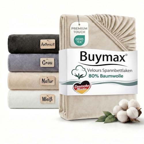 Premium Baumwoll Velours Spannbettlaken 90x200 cm–100×200 cm Beige – Kurzflor Samtig Weich, Cashmere Touch – 80% Baumwolle / 20% Polyester – Für Matratzen bis 25 cm Höhe