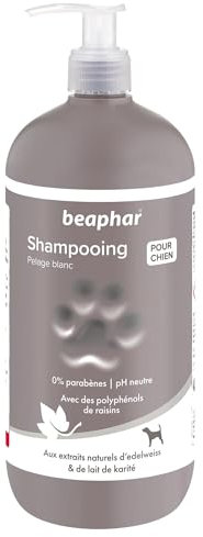Beaphar – Shampoing Premium pour Chien au Pelage Blanc – Extraits Naturels d'Edelweiss, de Lait de Karité – Ravive l'éclat du Pelage et protège du jaunissement – pH Neutre et sans parbens – 750 ML
