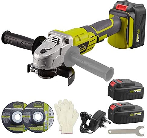 Cordless Angle Grinder, DEWINNER 2 * 3000mAh 20V Li-Ion Batteries & Fast Charger, 2-Position Adjustable Auxiliary Handle, Electric Brake, 1 Cutting &1 Grinding Wheel for Carpenter, Builder