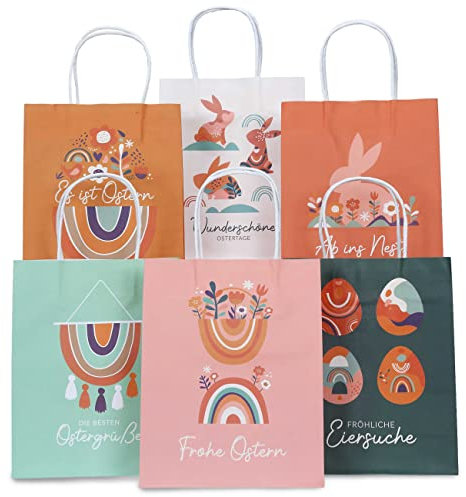Papierdrachen 6 bedruckte Henkeltüten zu Ostern - Boho - 22,5x18x8cm - 6 zusätzliche Osterpostkarten - Geschenkverpackung - Geschenktüten zum Befüllen - Alternatives Osternest - Set 3