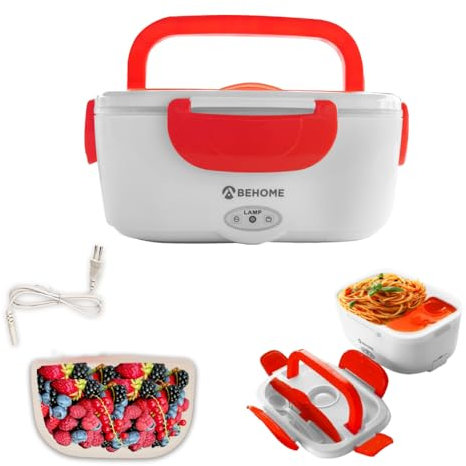 BEHOME Gamelle Chauffante Électrique Portable 40W, 2 Récipients Amovibles 1,5 Litre, Lunch Box chauffante pour Camion, Bebé, Ecole, Bureau (Rouge)