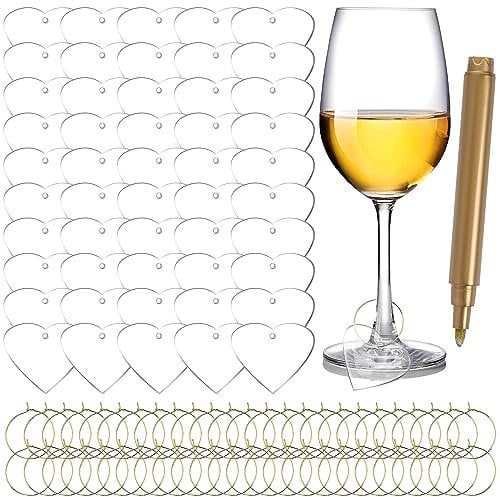 MaehSab 50 Pcs Wine Glass Charms Tags with 1 Marker Pen, DIY Acrylic Drink Markers, Heart Shape Name Tags for Champagne Flutes Cocktails Martinis Wine Stem Glass Bar Party