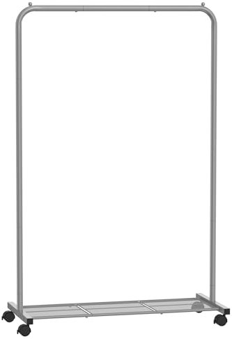 SONGMICS Kleiderständer, Kleiderstange auf Rollen, Garderobenständer Metall, Rollgarderobe 91 cm breit, mit Ablage, 2 Rollen mit Bremse, Stange bis 40 kg belastbar, grau HSR025G01