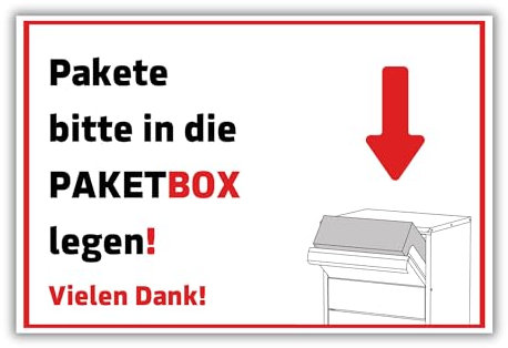 Schild Paketbox 20cm x 30cm hergestellt aus robustem PVC stoß und kratzfest Hinweisschild Pakete bitte in die Paketbox legen! mit UV-Schutz - Made in Germany