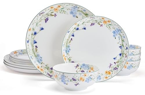 Mikasa Quinn Lightweight Bone China 12 Piece Dinnerware Plate Bowl Set, Service for 4