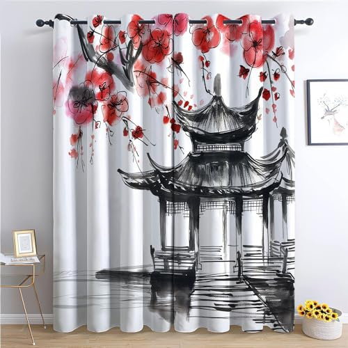 Blickdichte Vorhänge, Aquarellkunst Verdunkelungsvorhang - Pavillon für Tuschmalerei Mit Roten Blumen 214 x 91.5 cm - Vorhänge Mit Ösen, Polyester für Schlafzimmer Wohnzimmer, Geräuschreduzierung 2 St