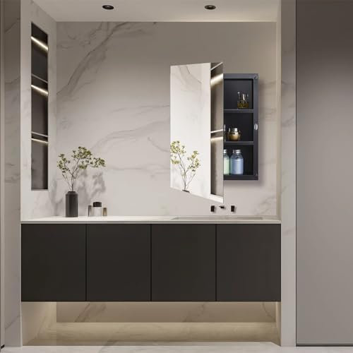 Fundin Black Plastic Mirror Cabinet with Polished Edge Mirror Door, Recessed and Surface Mount, 40 x 56 cm