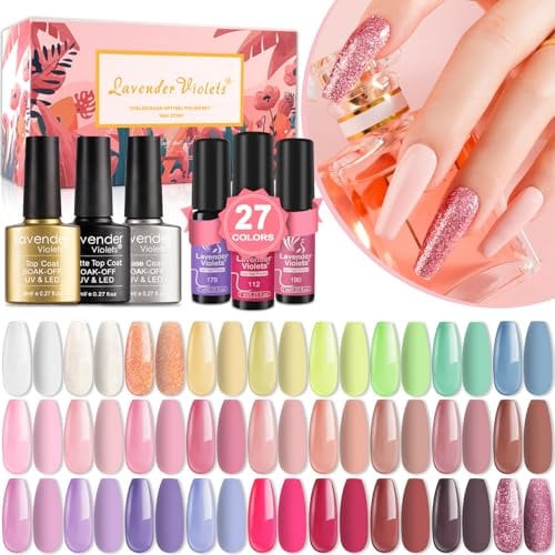 Lavender Violets Pastel Gel Nail Polish 27+3 Colors Nude Pink White Soak-off UV LED Gel Nail Kit with Base, Matte and Glossy Top Coat C974