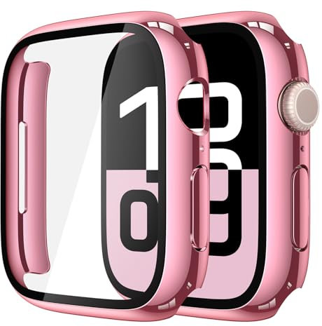 Misxi 2 Piezas Funda Protectora de PC con Protector Pantalla de Vidrio Templado para Apple Watch Series 10 42mm, Ultrafino Cubierta de Protección para iWatch, 1 Rose Pink + 1 Transparente