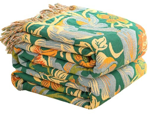 Wotcsil Tagesdecke Blau Orange Grün 200x230cm Baumwolle - Kuscheldecke Sofadecke Bettüberwurf mit Blumenmuster, Leichter Sofaüberwurf mit Quasten für Bett Couch