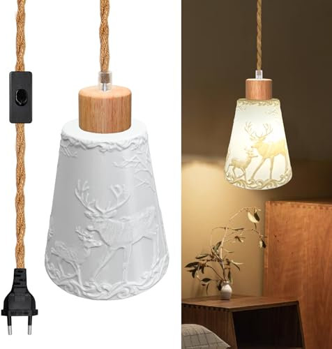Industriale Lampada a Sospensione 5M Cavo Vintage Lampadario in Corda di Canapa con Interruttore Moderna Lampadario con Spina e Beige 3D Paralume Portalampade E27 Kit per Soggiorno Camera da Letto