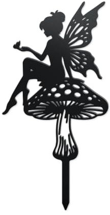 WADORN Elfen Gartendekoration Aus Metall, Elfe Silhouette Pfahlornamente Für Außenbereich Pilz Feenskulptur Statuen Gartenkunstdekor Für Hinterhof Frühlingsdekor Außenbereich
