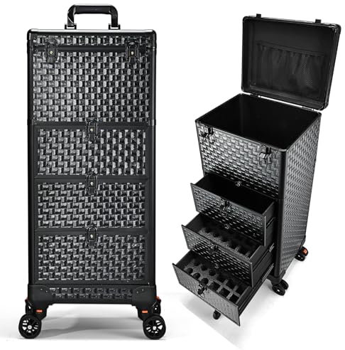 Stagiant Makeup Trolley Vanity Case Large Makeup Case Lockable Make Up Box Organiser with 3 Drawers Hairdressing Trolley on Wheels Beauty Nail Technician Cases Black