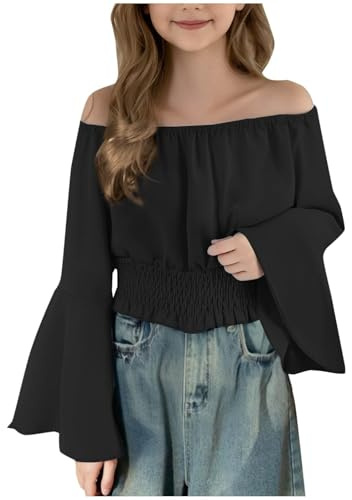 Haut Fille Épaules dénudées Manches évasées Taille élastiquée Crop Uni Décontracté pour Enfant Vêtement Fille pour Ado Haut Tendance (Black, 12-13 Ans)