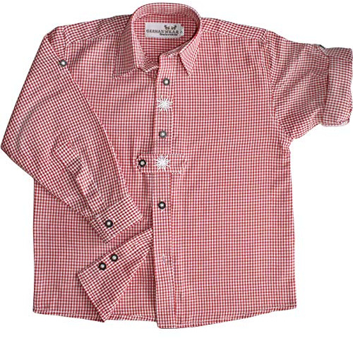 German Wear Kinder Trachtenhemd für Trachtenhosen Trachtenmode mit Edelweiß karo, 140/146 Rot