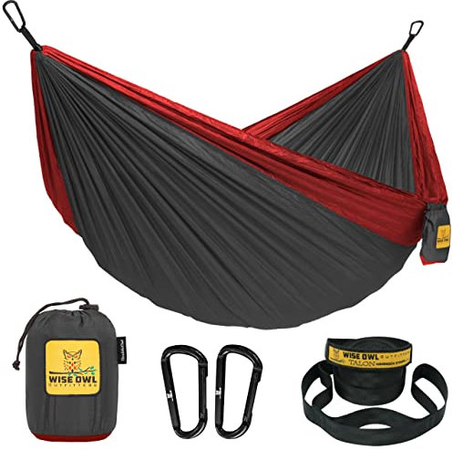 Wise Owl Outfitters Hängematte - Outdoor Hängematte für 2 Personen - Ultraleichte Reisehängematte - Belastbar bis 226 kg - Camping Zubehör - Inkl. Aufhängung u. Karabiner (Anthrazit und Rot)