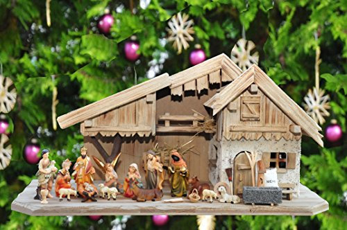 ÖLBAUM XXL Holzkrippe, Weihnachtskrippe ALPENLAND, mit Granitbrunnen WASSERGRAND, Massivholz GEBEIZT - mit Premium-Krippenfiguren in Holzfiguren - Optik, mit Engel
