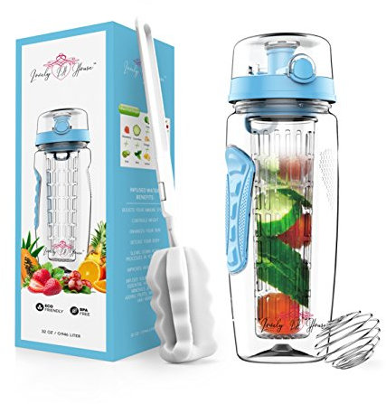 Fruit Infuser Water Bottle 32 oz: Flavored Water & Tea Infusion for Hydration, Protein Shake Sports Container, Leak-Proof Lid, Long Infuser Basket – with Sleeve, Cleaner Brush & Mix Ball