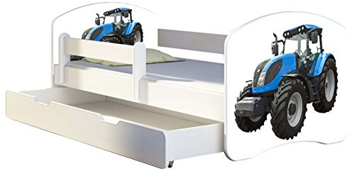 ACMA Kinderbett 140x70 Jugendbett mit Einer Schublade und Matratze, Rausfallschutz, Lattenrost Weiß, stabil, Kinderzimmer Bett, Jugendmöbel Design 42 Traktor