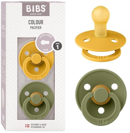 BIBS Colour Schnuller 2er-Pack, BPA-frei, Kirschform Nippel. Naturkautschuk/Latex, Hergestellt in Dänemark. Größe 1 | 0+ Monate | 2-Pack, Honey Bee/Olive