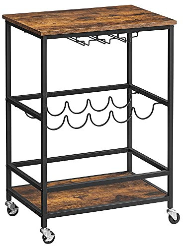 VASAGLE Barwagen, Servierwagen mit Rädern, Glasstielglas und Weinflaschenhaltern, 40 x 59 x 82 cm, industriell, rustikal, Braun und Schwarz ULRC087B01