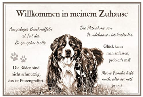ZAUBERBILD Hundeschild Warnung | Berner Sennenhund 'Willkommen in meinem Zuhause' | Türschild Warnschild Vorsicht Hund | 25x17cm Alu