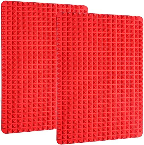 Silikon Backmatte mit Pyramiden 2er-Set, Backunterlage Hitzebeständig Silikonmatte 39.5x27.5cm Backform (2 Stück Rot, 39.5 cm x 27.5 cm)