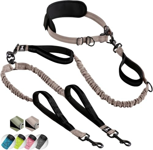 SparklyPets Hands-Free Dog Lead for Medium and Large Dogs – Professional Harness with Reflective Stitches for Training, Walking, Jogging and Running Your Pet (Brown, For 2 Dogs)