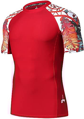 LAFROI Men's Short Sleeve UPF 50+ Baselayer Skins Compression Rash Guard (Red Fire, XL)