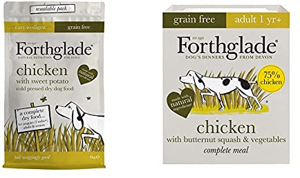 Forthglade Complete Natural Dry Dog Food - Grain Free Chicken (6kg) Resealable Bag - Adult & Senior Dogs & Complete Natural Wet Dog Food - Grain Free Chicken (18 x 395 g) Trays
