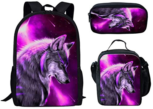 Jndtueit Schulranzen-Sets für Kinder, inkl. Federmäppchen, Lunchtasche und Kinderrucksack, Violett Galaxie Wolf, Einheitsgröße