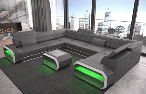 Wohnlandschaft Verona Ledersofa U Form Sofa - mit LED Beleuchtung, verstellbare Kopfstützen/Lederfarben wählbar/Ausrichtung wählbar (Lange Seite Links, Grau-Weiß)