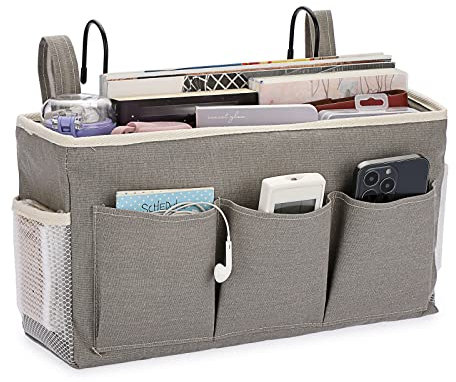 IGNPION Canvas Bedside Hanging Storage Pockets with Metal Hanging Hook Adjustable Hanging Tape Dormitory Bed Organiser Caddy Mulit-purpose Hanging Storage Bag for Home Office School Hospital, Grey