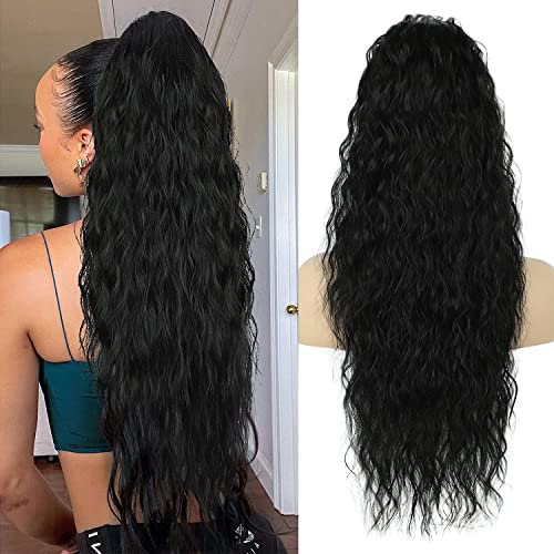 Pferdeschwanz Extensions Schwarz Lang Gewickelt Haarteil Ponytail Natürliches Kunsthaar Haar Haarverlängerunge Extensions für Damen Afro Zopf Ponytail ca.75cm 096A