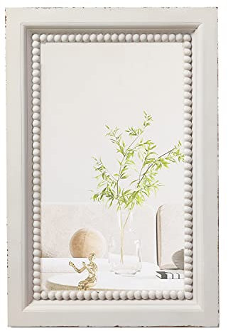 Sintosin Boho-Spiegel für Wanddekoration, Wohnzimmer, 61 x 40,6 cm, hängend, rustikaler Holzspiegel mit Perlen-Details, rechteckiger Vintage-Badezimmerspiegel