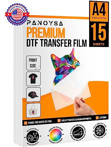 PANOYSA DTF Transferfolie: A4 (21,1 x 29,7 cm) 15 Blatt Premium Grade A, doppelseitige matte Oberfläche, PET Transferpapier direkt auf Folie Transferpapier für T Shirts