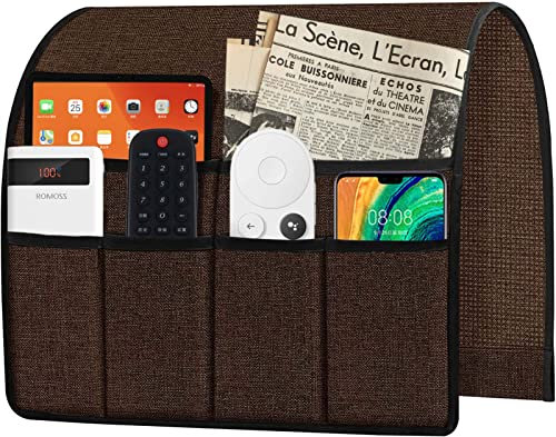Ntomtuex Sessel-Caddy Fernbedienungshalter für Couch-Liegestuhl, Armlehnen-Tasche, Organizer für Couch, Armstuhl mit 6 Taschen für Zeitschriften, Brillen, iPad, Handy, Schokolade