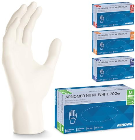 ARNOMED Gants jetables blancs, 200 pièces/boîte, gants nitrile taille M, non poudrés & sans latex, gants jetables, gants disponibles en tailles S, M, L & XL