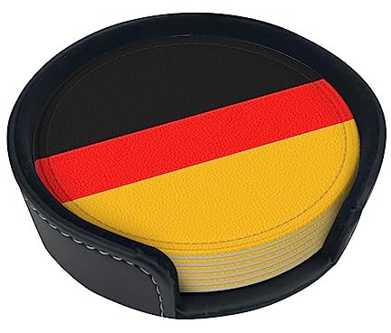 Untersetzer mit Deutschland-Flagge, rund, Leder, 6 Stück, Getränkeuntersetzer mit Halterung, saugfähiger Untersetzer, schützt den Tisch, geeignet für Arten von Tassen, 9,9 cm
