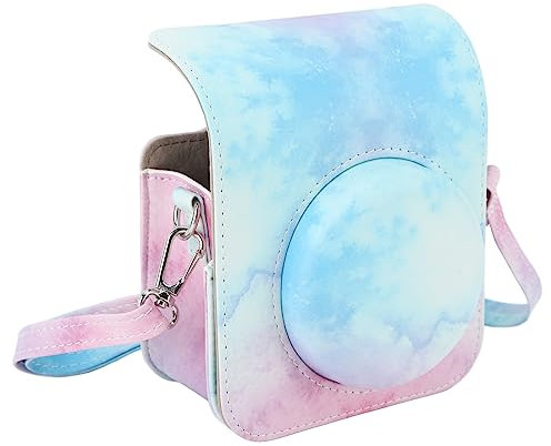 Mini Bolsa Protectora para Cámara Instantánea, Funda para Cámara de PU con Correa Ajustable para el Hombro para Cámara Instax Mini 12 (Azul Rosado)